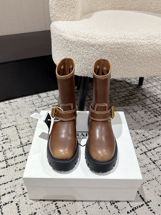 Prada Soft Leather Slip-on Knee High Boots Casual Non-slip Sole
