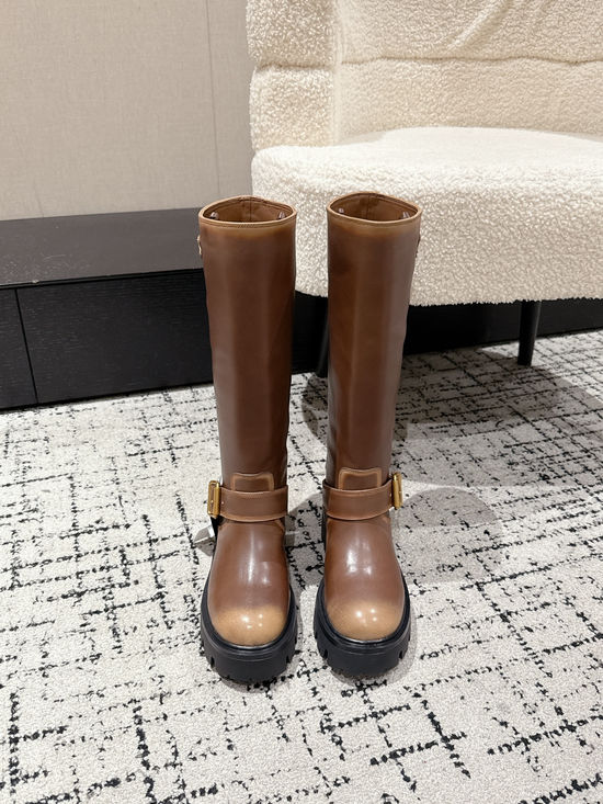 Prada Genuine Leather Slip-on Knee High Boots Elegant Slim Fit