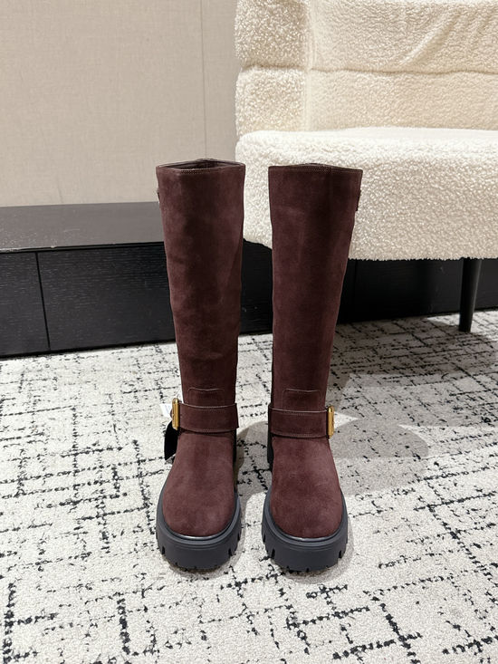 Prada Genuine Leather Slip-on Knee High Boots Elegant Slim Fit