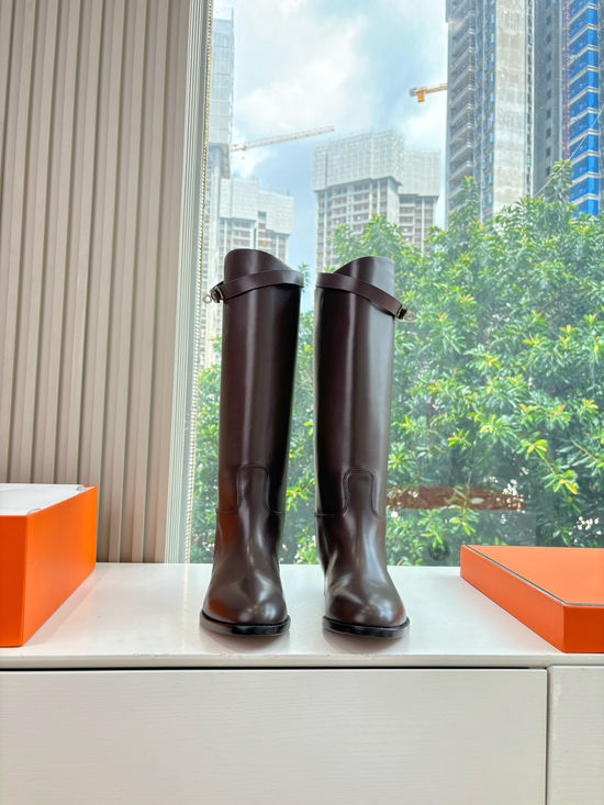 Hermes Premium Cowhide Classic Knee High Boots Comfortable Lining