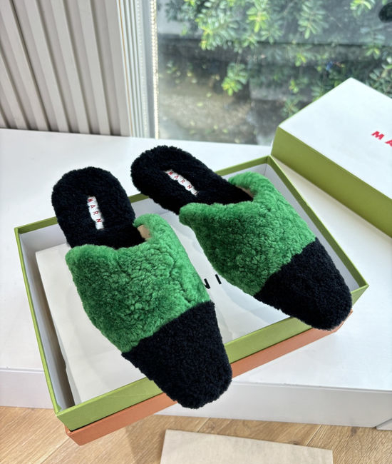 Marni Color Block Fuzzy Slip On Flat Mule Slippers