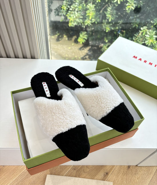 Marni Color Block Fuzzy Slip On Flat Mule Slippers
