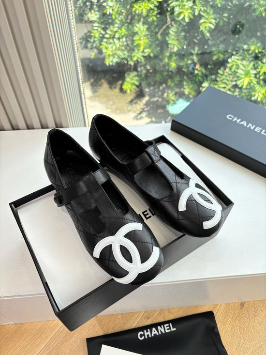 Chanel Lace Up Decor Leather Round Toe Flat Ballet Shoes