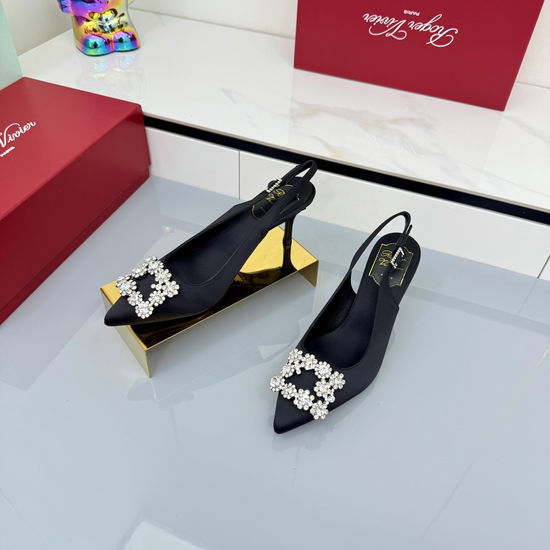 Roger Viver Elegant Crystal Buckle Satin Kitten Heel Pumps
