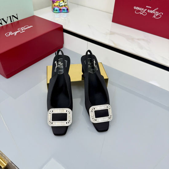 Roger Viver Elegant Crystal Buckle Satin Kitten Heel Pumps