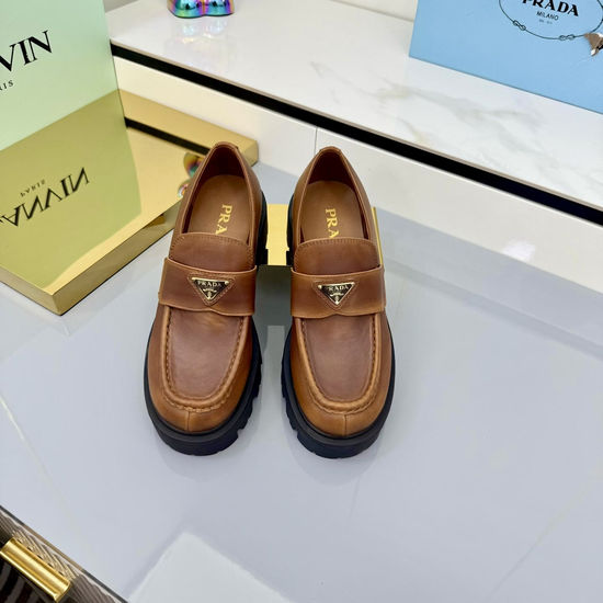 Prada Classic Thick Sole Leather Loafers with Logo Detail