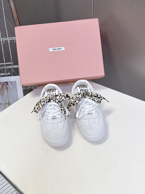 Miu Miu Double Laces DIY Decorated Retro Leather Sneakers