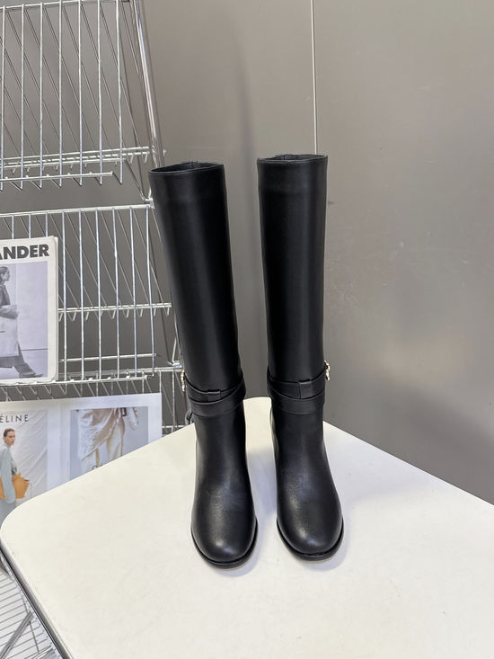 Celine Vintage Style Cowhide Leather Medium Heel Knee High Boots