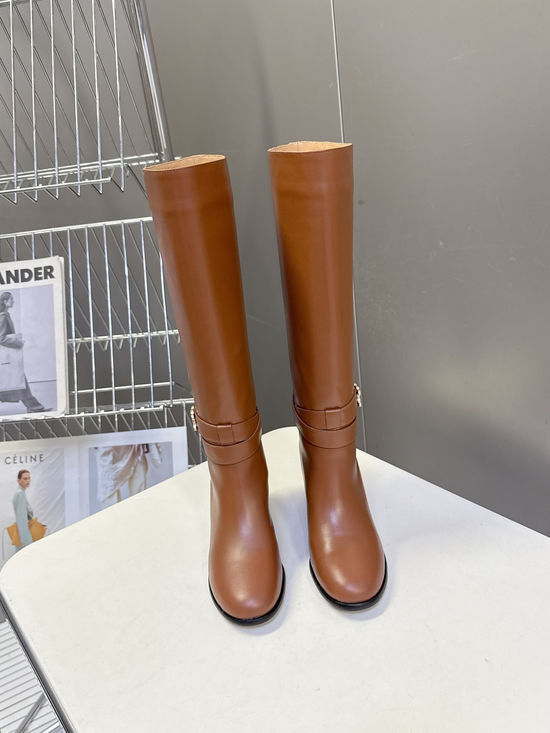 Celine Vintage Style Cowhide Leather Medium Heel Knee High Boots