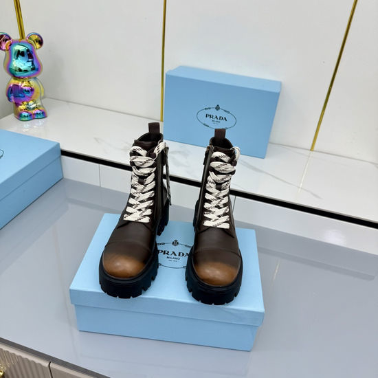 Prada Leather Biker Ankle Boots with Buckle and Rubber Sole