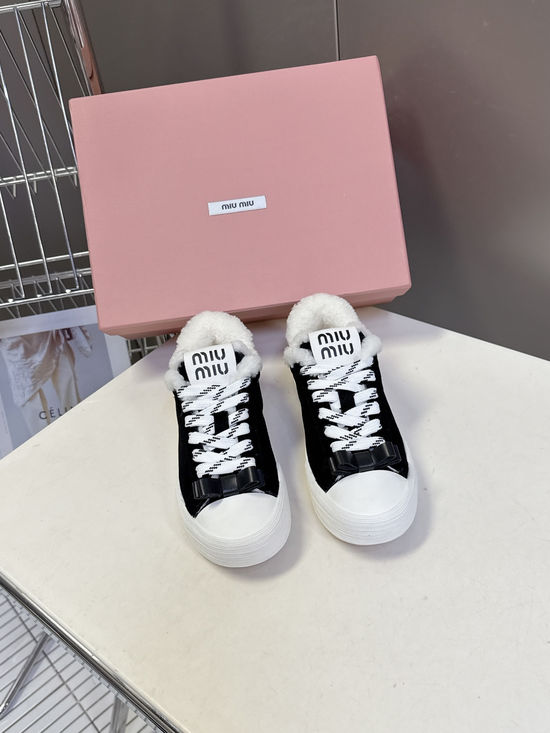 Miu Miu Bow Decorated Wool Lined Vintage Leather Sneakers