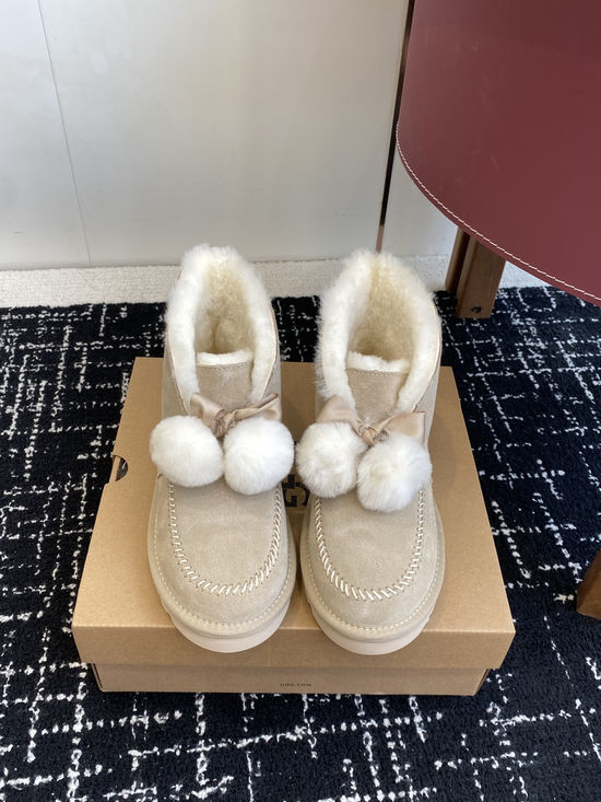 UGG Bowknot Pom Pom Ankle Boots Warm Lined Anti-slip Sole