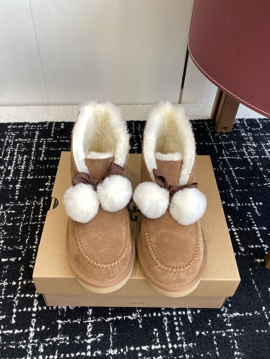 UGG Bowknot Pom Pom Ankle Boots Warm Lined Anti-slip Sole
