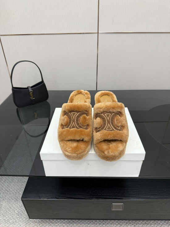 Celine Emblem Platform High Heel Furry Slippers Soft Warm Non Slip