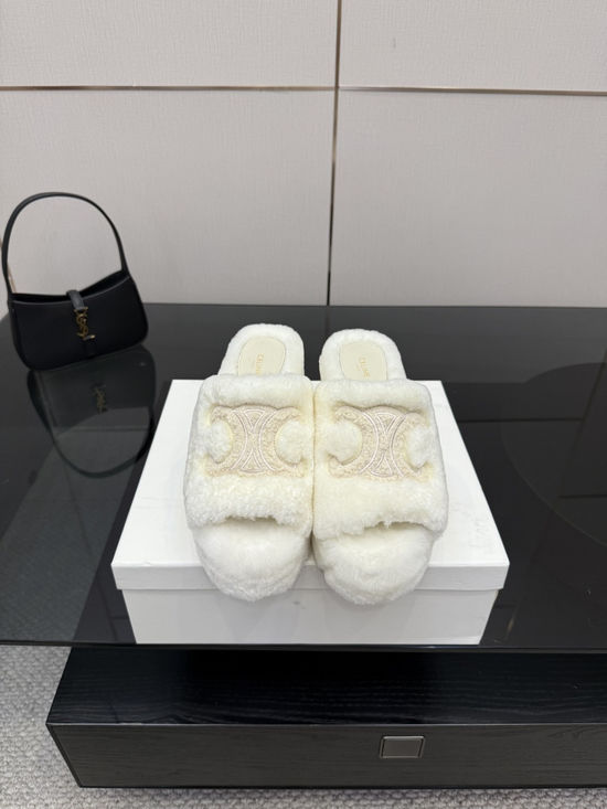 Celine Emblem Platform High Heel Furry Slippers Soft Warm Non Slip