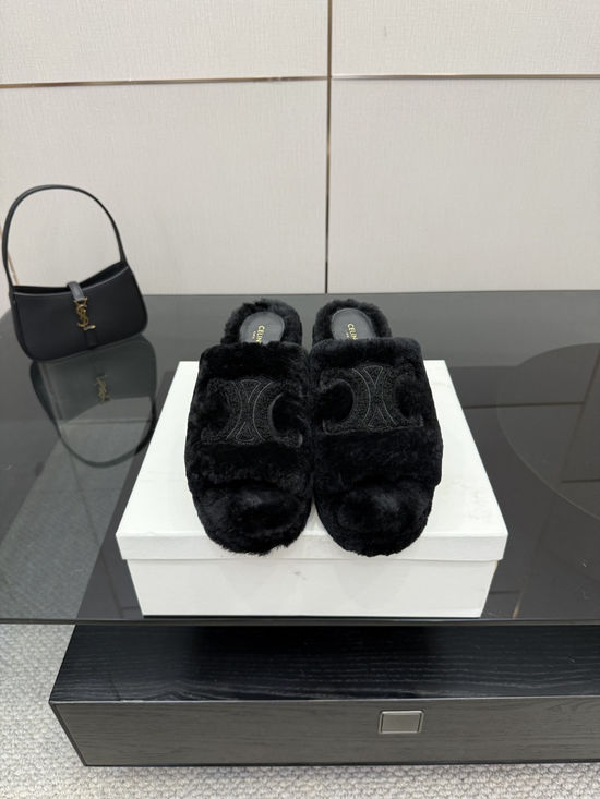 Celine Emblem Platform High Heel Furry Slippers Soft Warm Non Slip