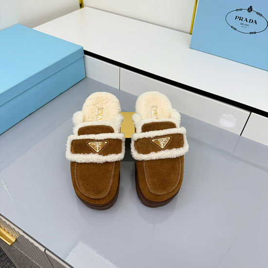 Prada Fluffy Fleece Lined Platform Mules with Suede Upper