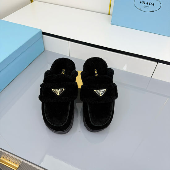 Prada Fluffy Fleece Lined Platform Mules with Suede Upper