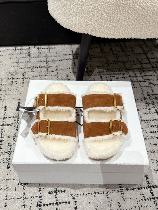 Prada Dual Strap Suede Fleece Lined Slippers