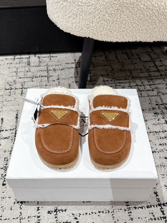 Prada Closed Toe Suede Fleece Lined Slippers