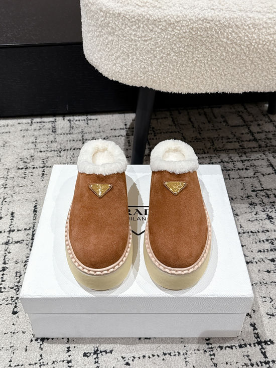Prada Suede Platform Half Slippers with Fleece Lining