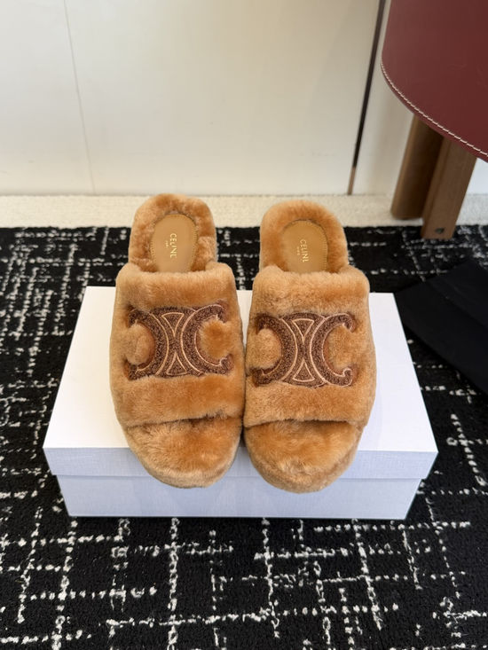 Celine Fuzzy Platform High Heel Slippers with Embellished Upper