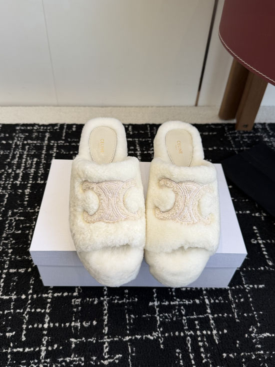 Celine Fuzzy Platform High Heel Slippers with Embellished Upper