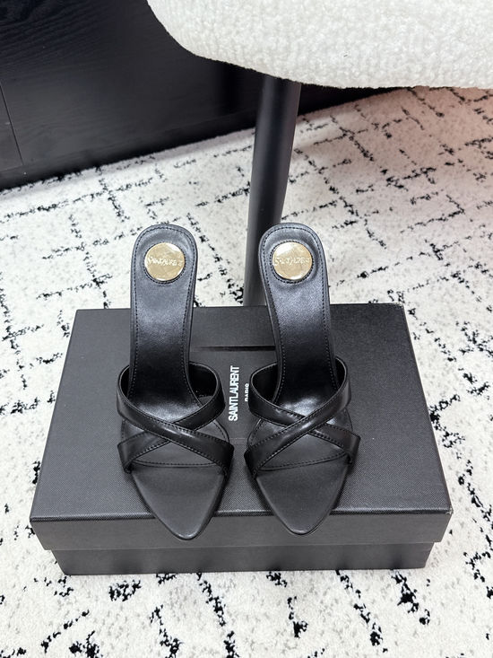 Yves Saint Laurent Cross Strap Logo Detail Stiletto Heel Slide Shoes