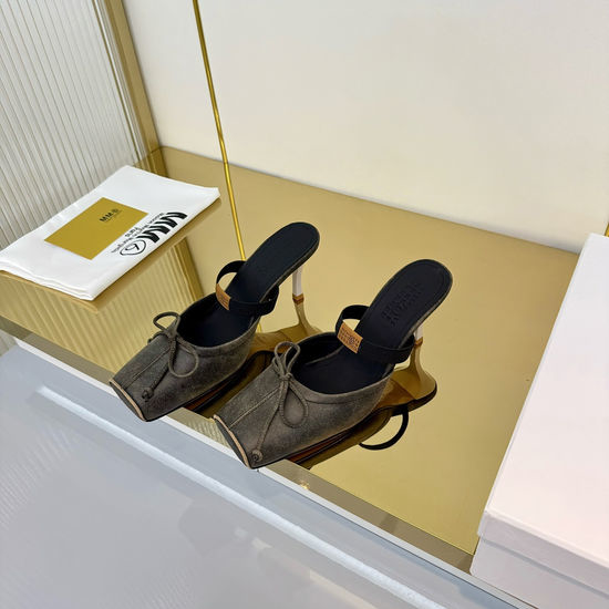 Maison Margiela Bow Decor Square Toe Leather Comfortable Mule Slippers