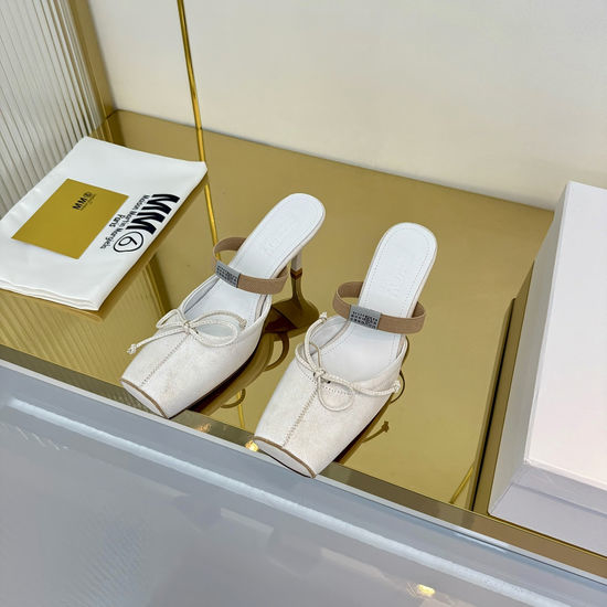 Maison Margiela Bow Decor Square Toe Leather Comfortable Mule Slippers
