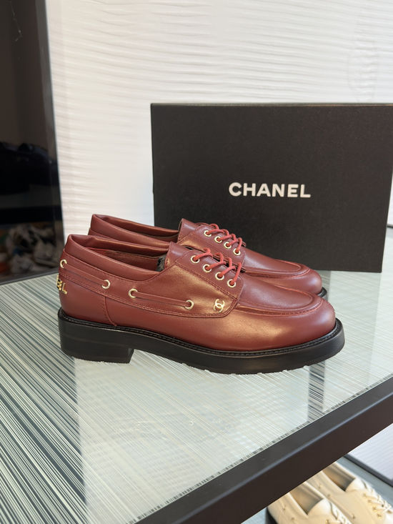 Chanel Lace Up Thick Sole Leather Loafers