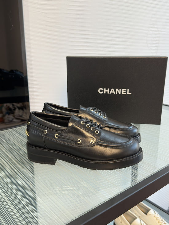 Chanel White Lace Up Thick Sole Leather Loafers