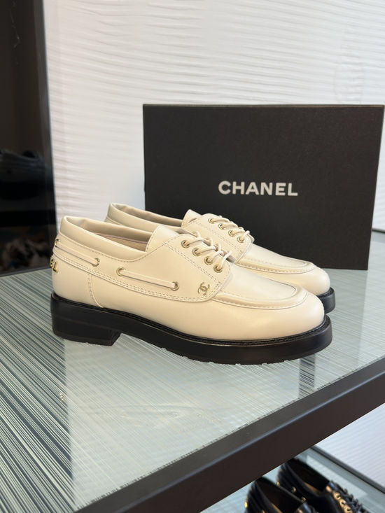 Chanel White Lace Up Thick Sole Leather Loafers