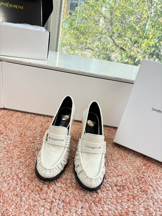 Yves Saint Laurent Small Logo Leather Block Heel Loafer Shoes