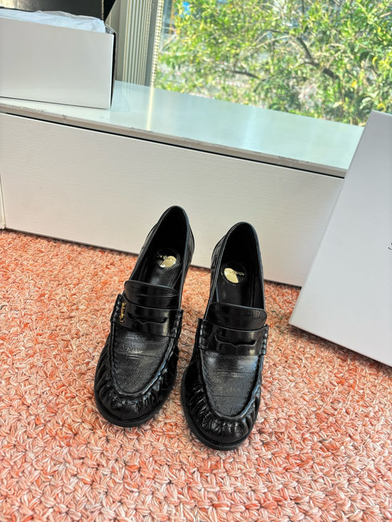 Yves Saint Laurent Small Logo Leather Block Heel Loafer Shoes