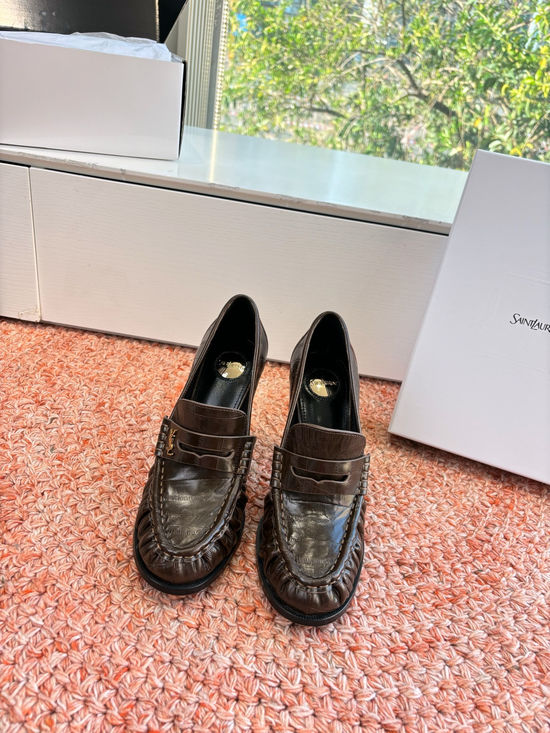 Yves Saint Laurent Small Logo Leather Block Heel Loafer Shoes