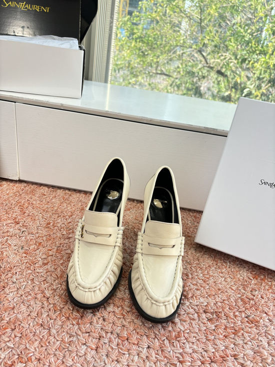 Yves Saint Laurent Small Logo Leather Block Heel Loafer Shoes