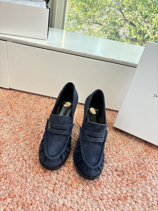 Yves Saint Laurent Small Logo Leather Block Heel Loafer Shoes