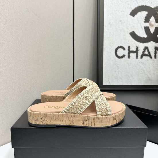 Chanel Woven Cross Strap Platform Slides Comfortable Elevated Casual Footwear