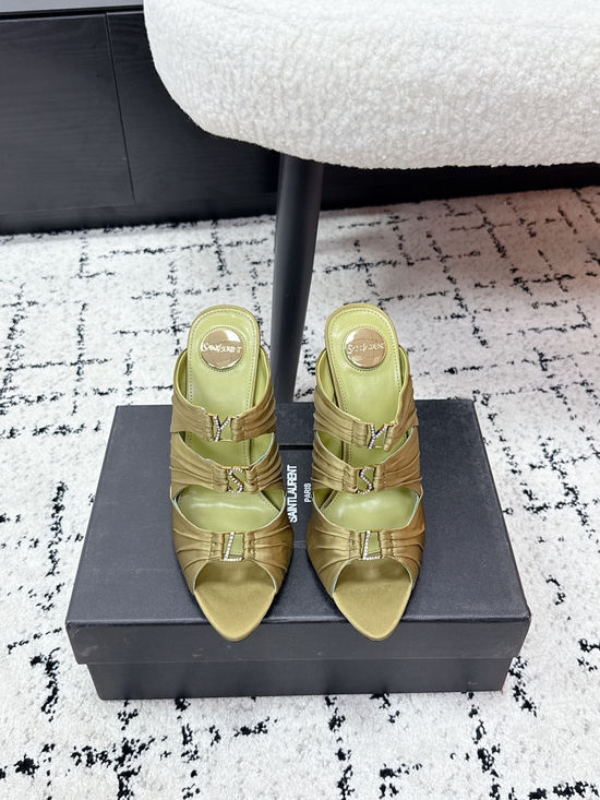 Yves Saint Laurent Silk Rhinestone Buckle Heeled Mules Elegant Footwear