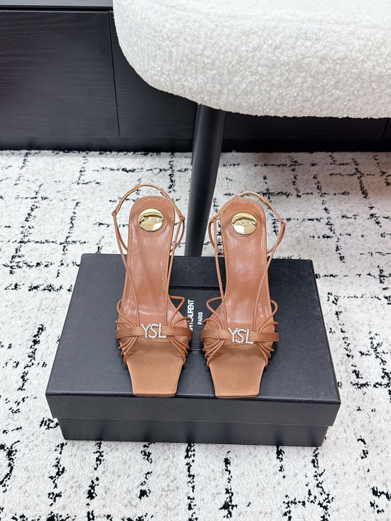 Yves Saint Laurent Cross Strap High Heel Sandals with Smooth Glossy Finish
