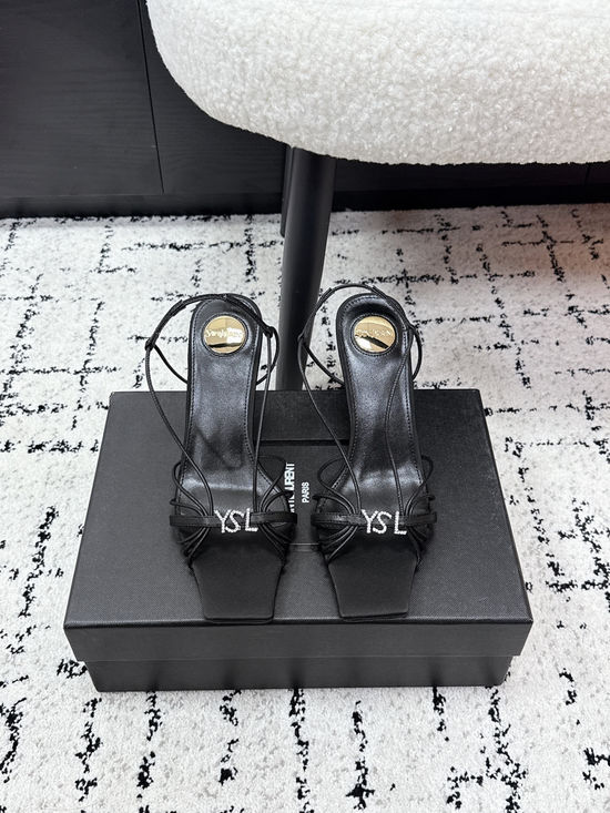 Yves Saint Laurent Cross Strap High Heel Sandals with Smooth Glossy Finish
