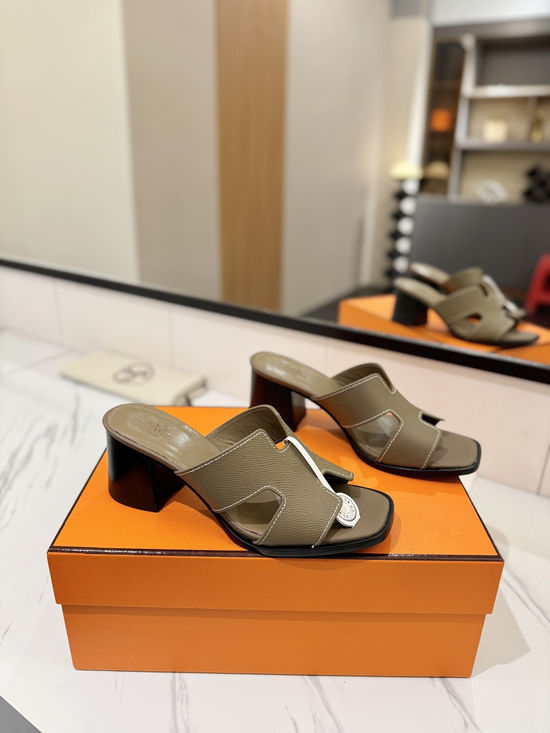Hermes 7cm Heel Epsom Leather Slides Genuine Leather Sole Shoes