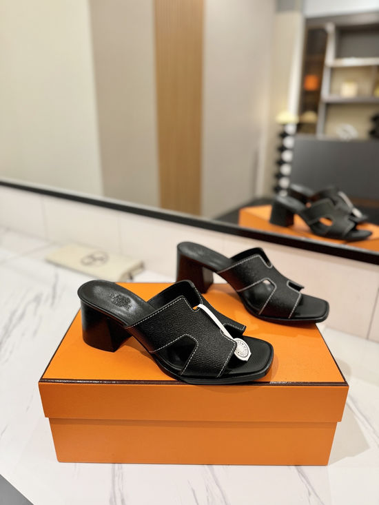 Hermes 7cm Heel Epsom Leather Slides Genuine Leather Sole Shoes