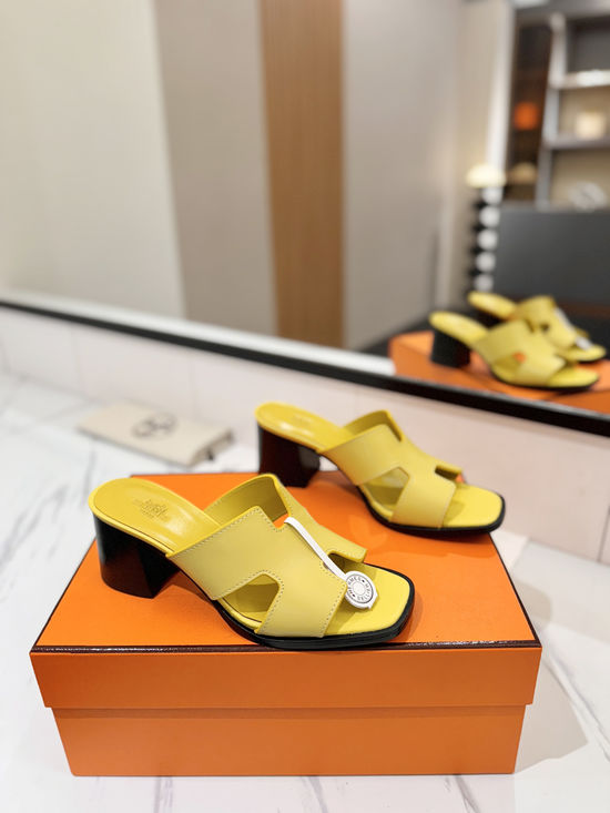 Hermes 7cm Heel Cowhide Slides Genuine Leather Sole Casual Shoes