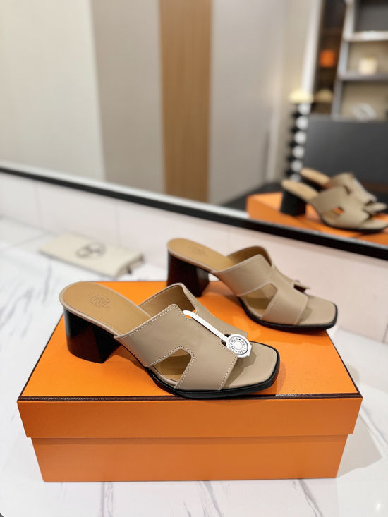 Hermes 7cm Heel Cowhide Slides Genuine Leather Sole Casual Shoes