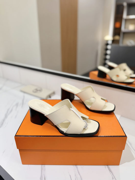 Hermes 7cm Heel Cowhide Slides Genuine Leather Sole Casual Shoes