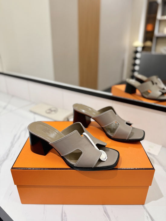 Hermes 7cm Heel Cowhide Slides Genuine Leather Sole Casual Shoes