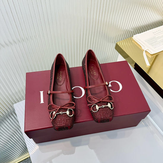 Gucci Crystal Suede Horsebit Ballet Flats Bow Accent