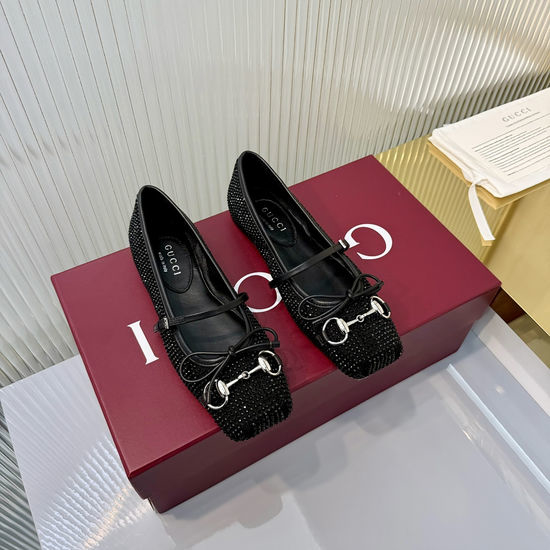 Gucci Crystal Suede Horsebit Ballet Flats Bow Accent